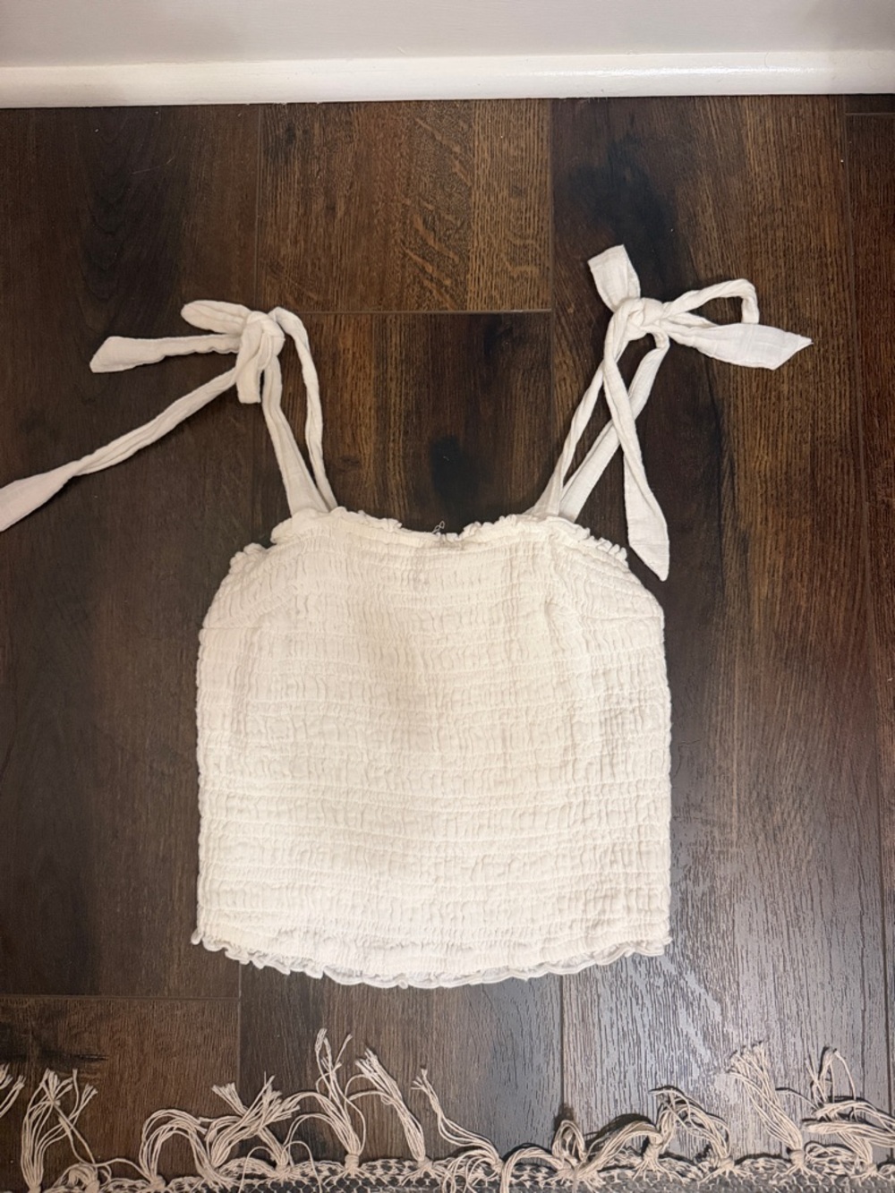 Abercrombie & Fitch White Smocked Tie-Shoulder Camisole